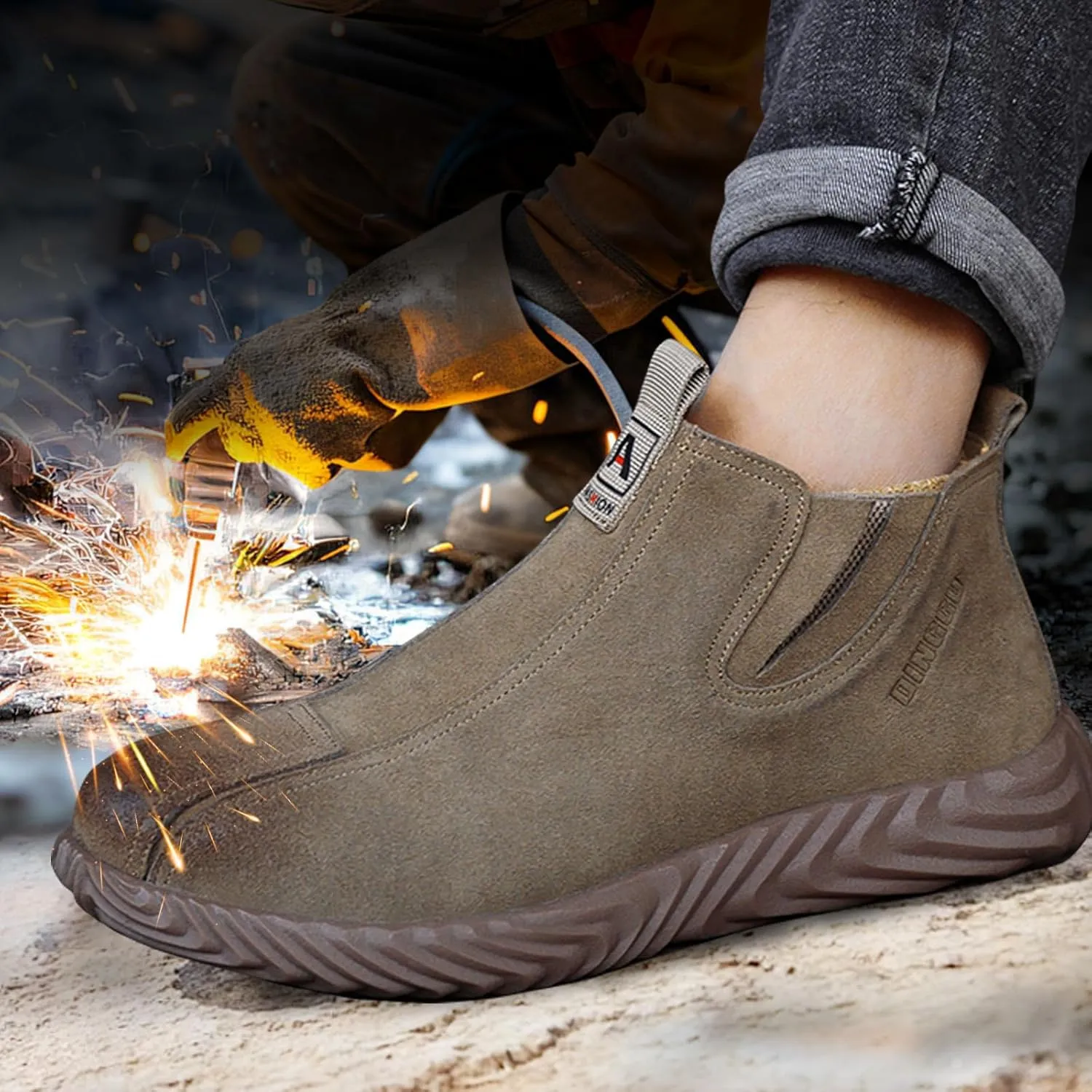 Steel Toe Shoes for Men Welding Mens Work Shoes Slip On Comfortable Safety Composite Toe Construction Boots