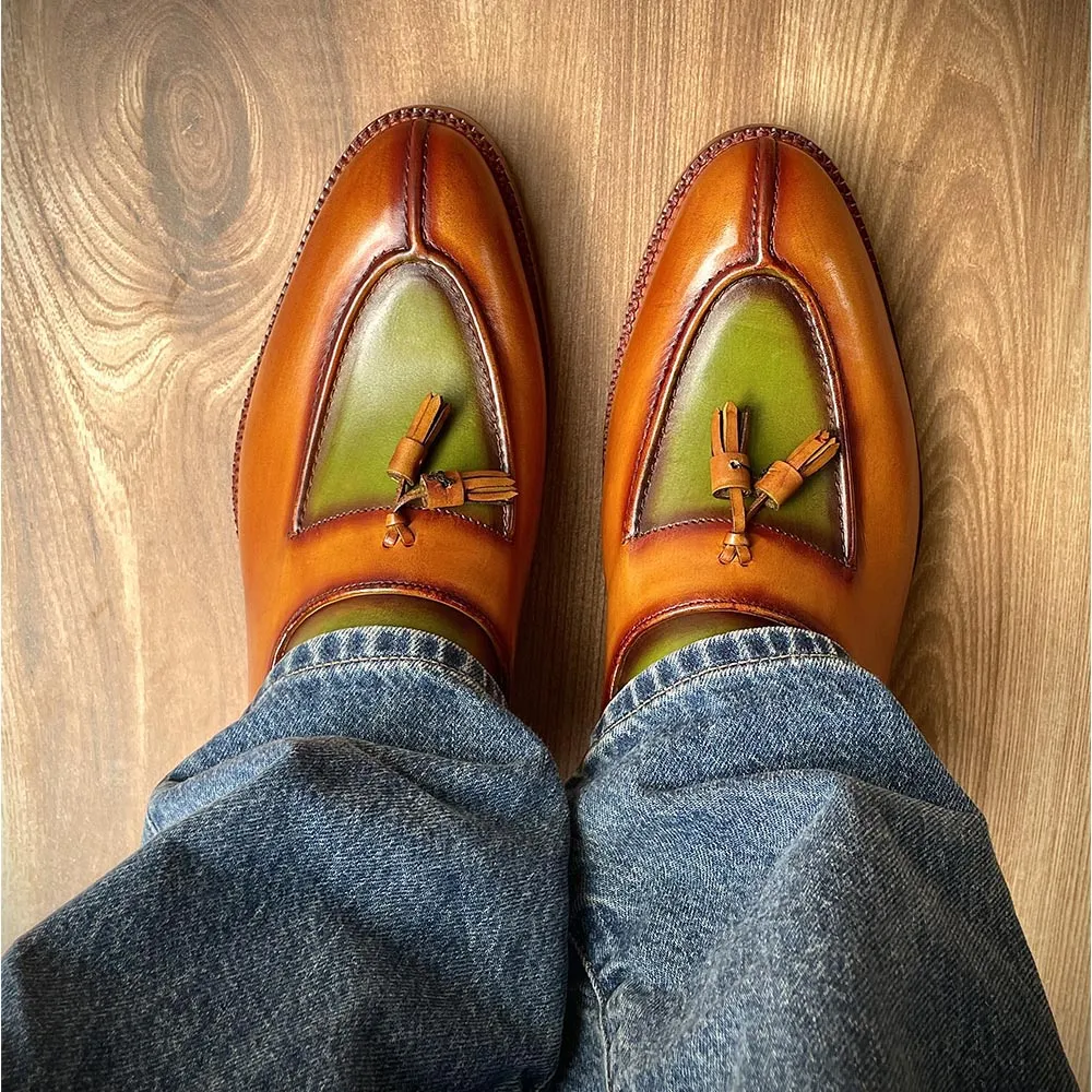Tan   Green Patina Mirror Glossed Apron Toe Tassel Loafers