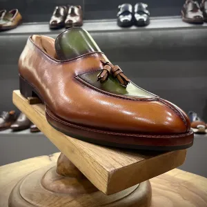 Tan   Green Patina Mirror Glossed Apron Toe Tassel Loafers