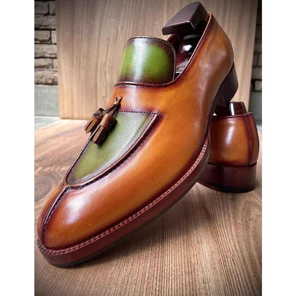 Tan   Green Patina Mirror Glossed Apron Toe Tassel Loafers