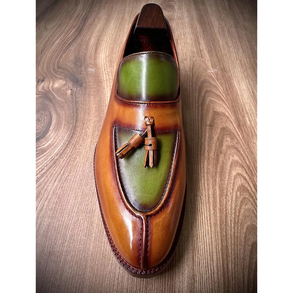 Tan   Green Patina Mirror Glossed Apron Toe Tassel Loafers