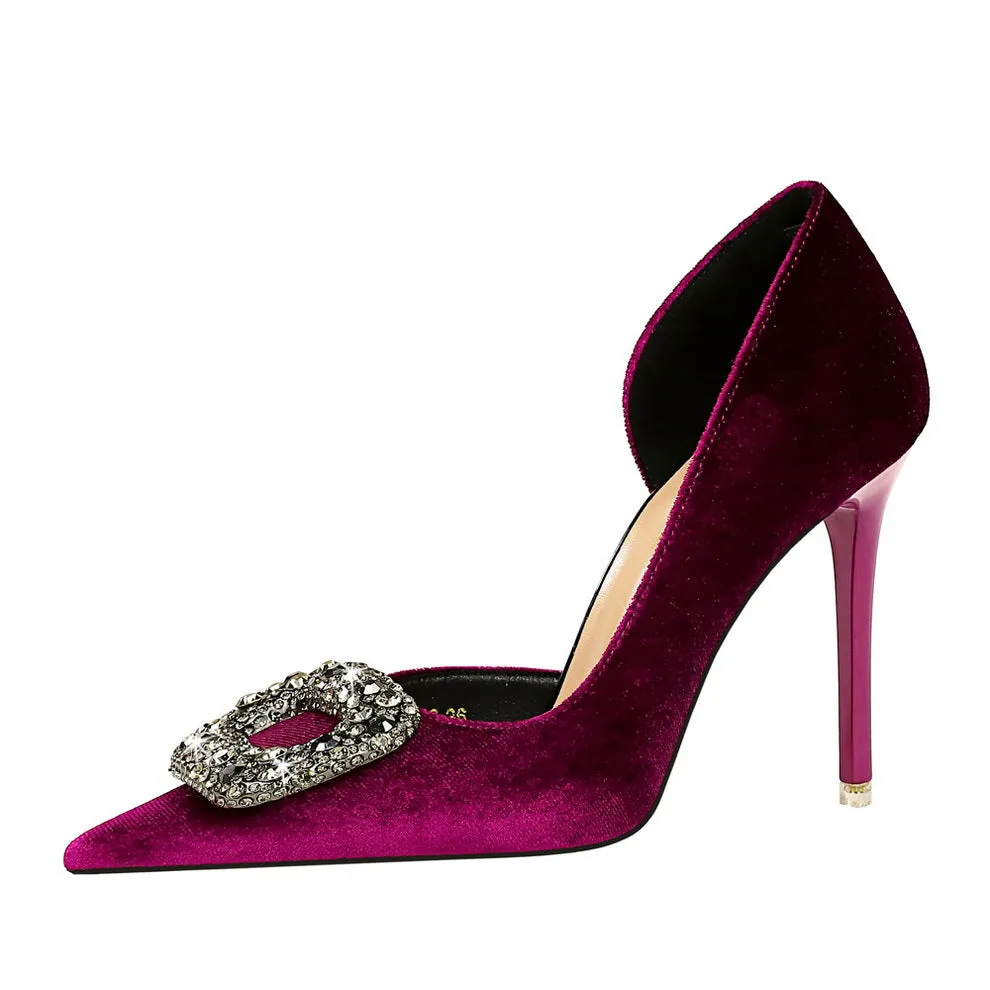 Thickened suede pointed-toe side cut-out heels