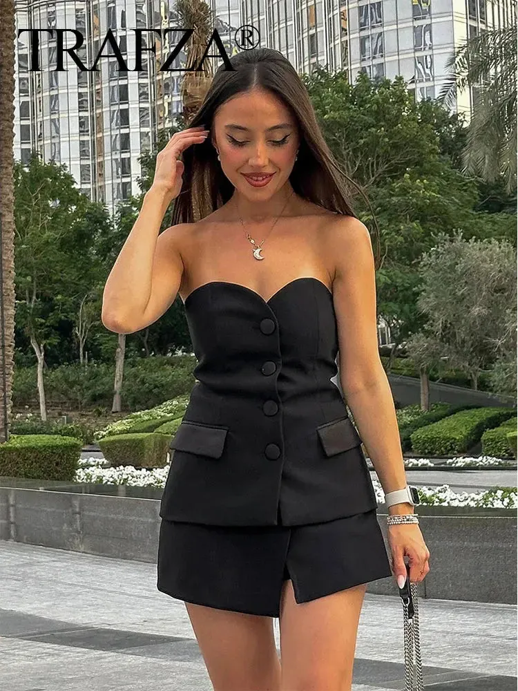 TRAFZA 2024 Summer Fashion Women's Shorts Set - Solid Chic Slim Tube Corset Top   Commuter Office Lady Culottes
