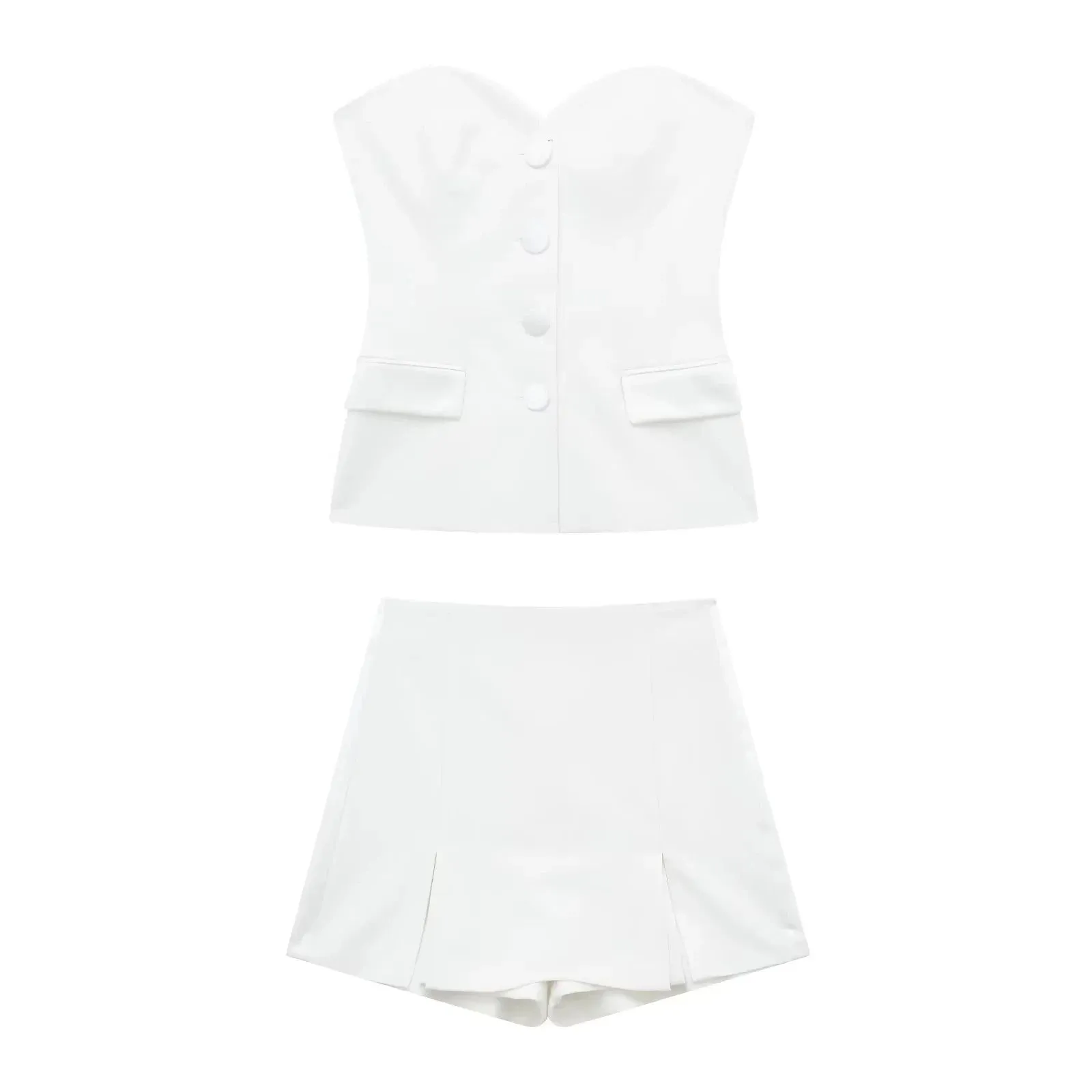 TRAFZA 2024 Summer Fashion Women's Shorts Set - Solid Chic Slim Tube Corset Top   Commuter Office Lady Culottes