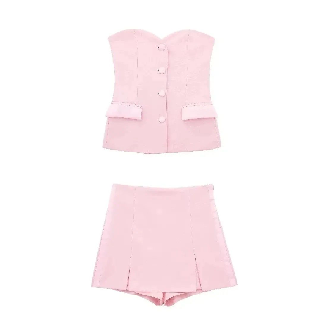 TRAFZA 2024 Summer Fashion Women's Shorts Set - Solid Chic Slim Tube Corset Top   Commuter Office Lady Culottes
