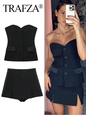 TRAFZA 2024 Summer Fashion Women's Shorts Set - Solid Chic Slim Tube Corset Top   Commuter Office Lady Culottes