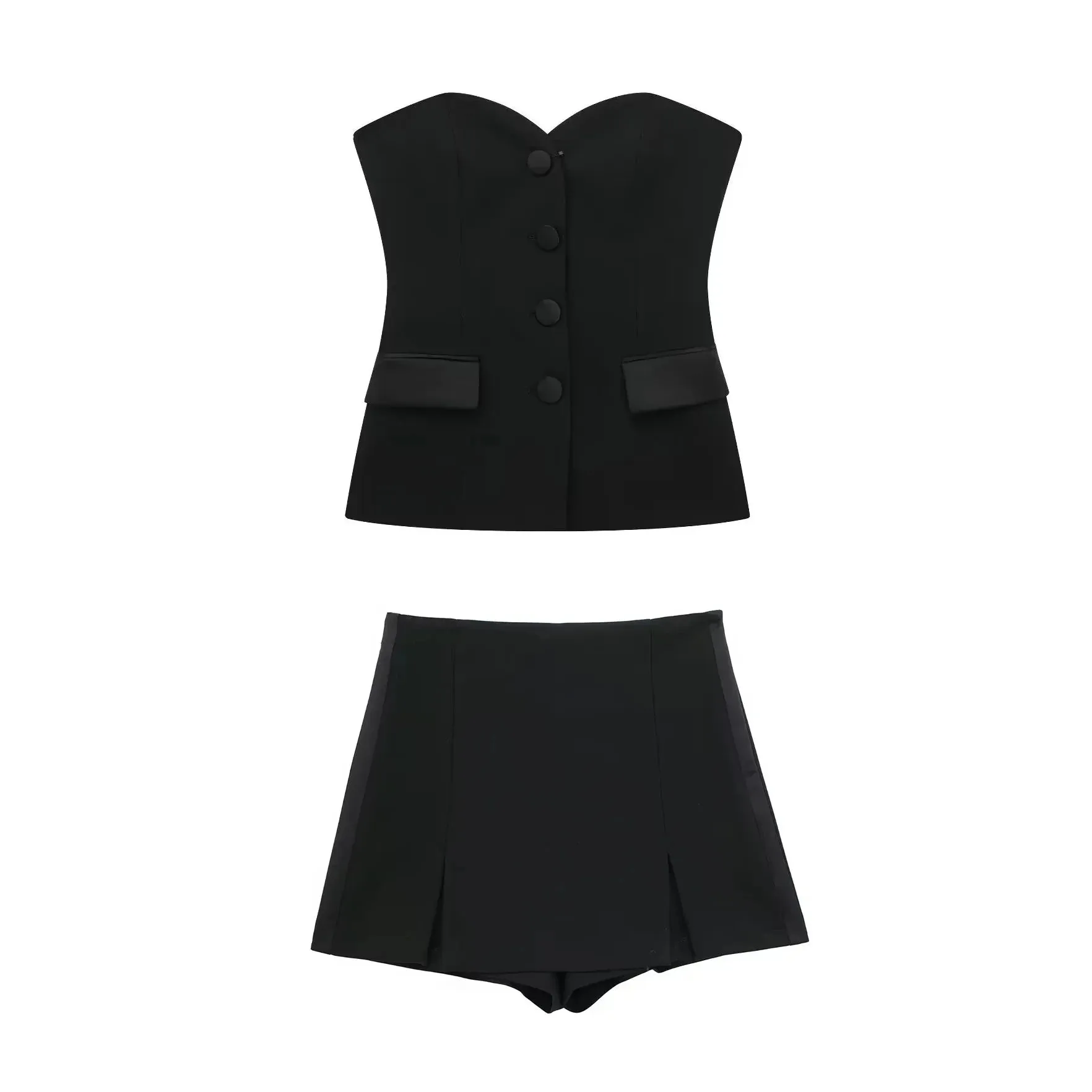 TRAFZA 2024 Summer Fashion Women's Shorts Set - Solid Chic Slim Tube Corset Top   Commuter Office Lady Culottes