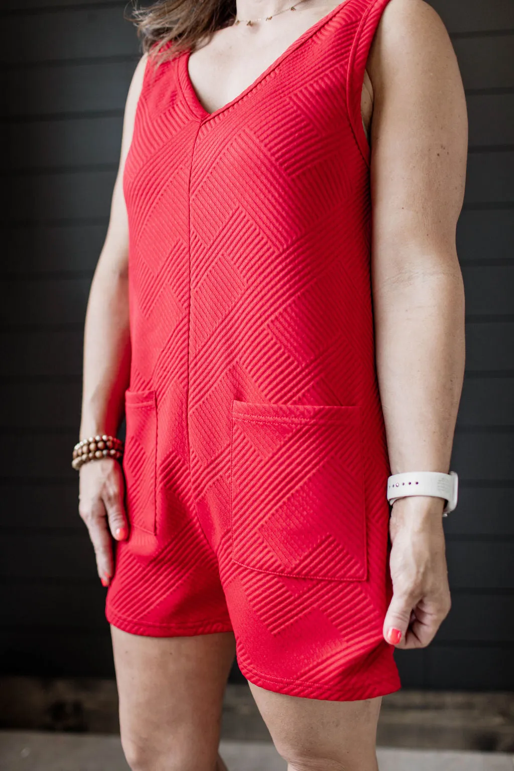 V-neck Sleeveless Textured Knit Red Overall Romper