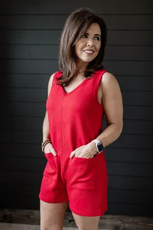V-neck Sleeveless Textured Knit Red Overall Romper