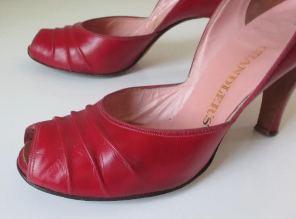 Vintage Red 50's Peep Toe Heels Shoes 8