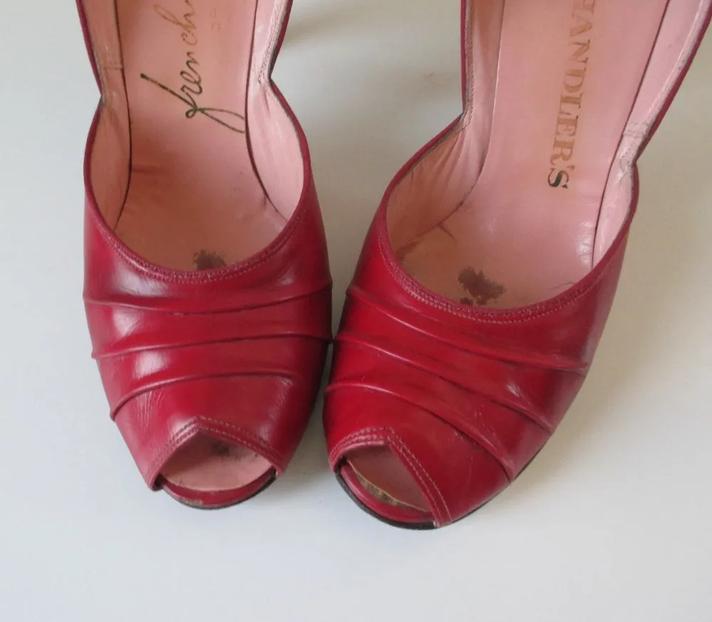 Vintage Red 50's Peep Toe Heels Shoes 8