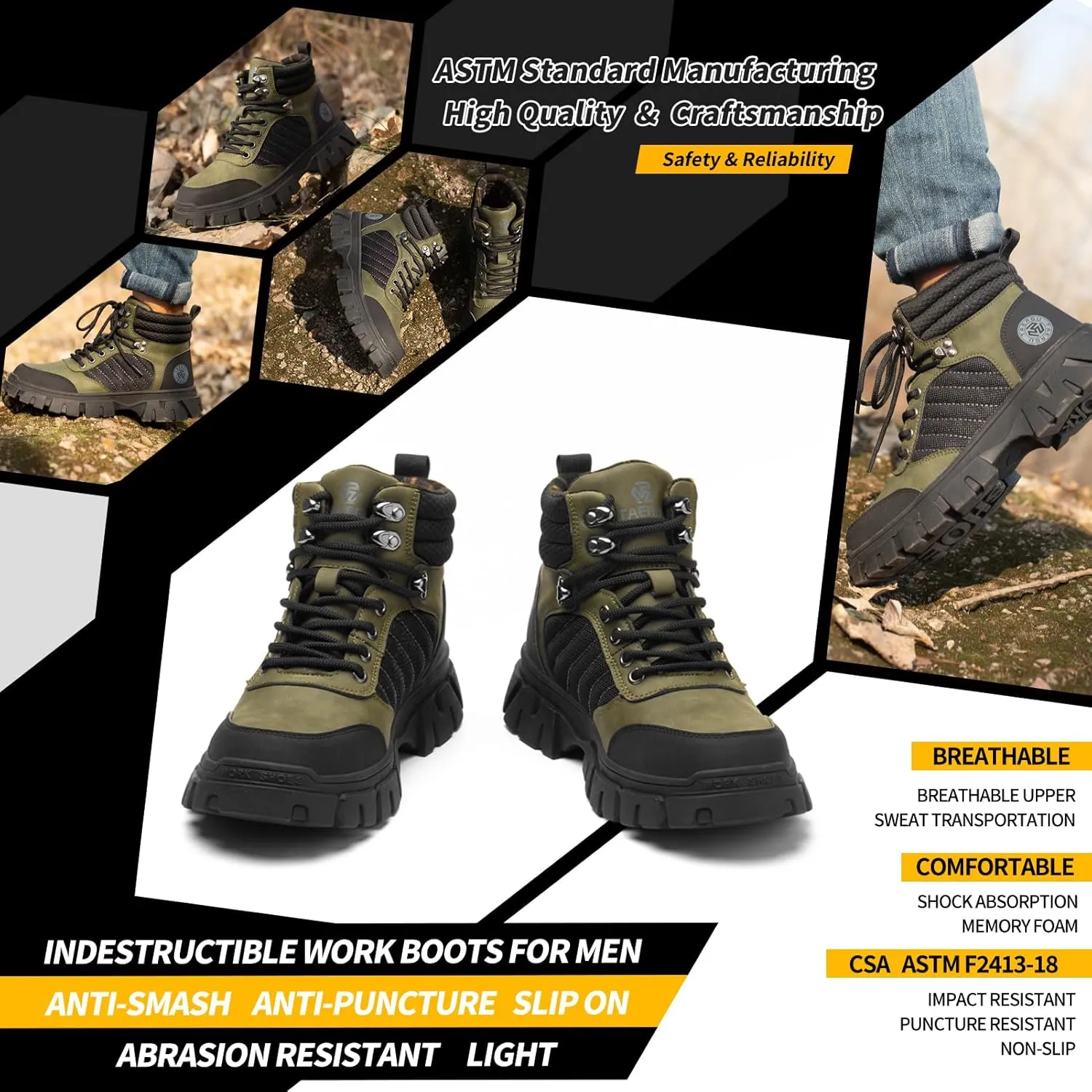 Waterproof Steel Toe Boots For Men-6 Inch Comfortable Mens Safety Work Boots Indestructible Steel Toe Shoes Lightweight Non Slip Puncture Resistant Industrial Construction Boot