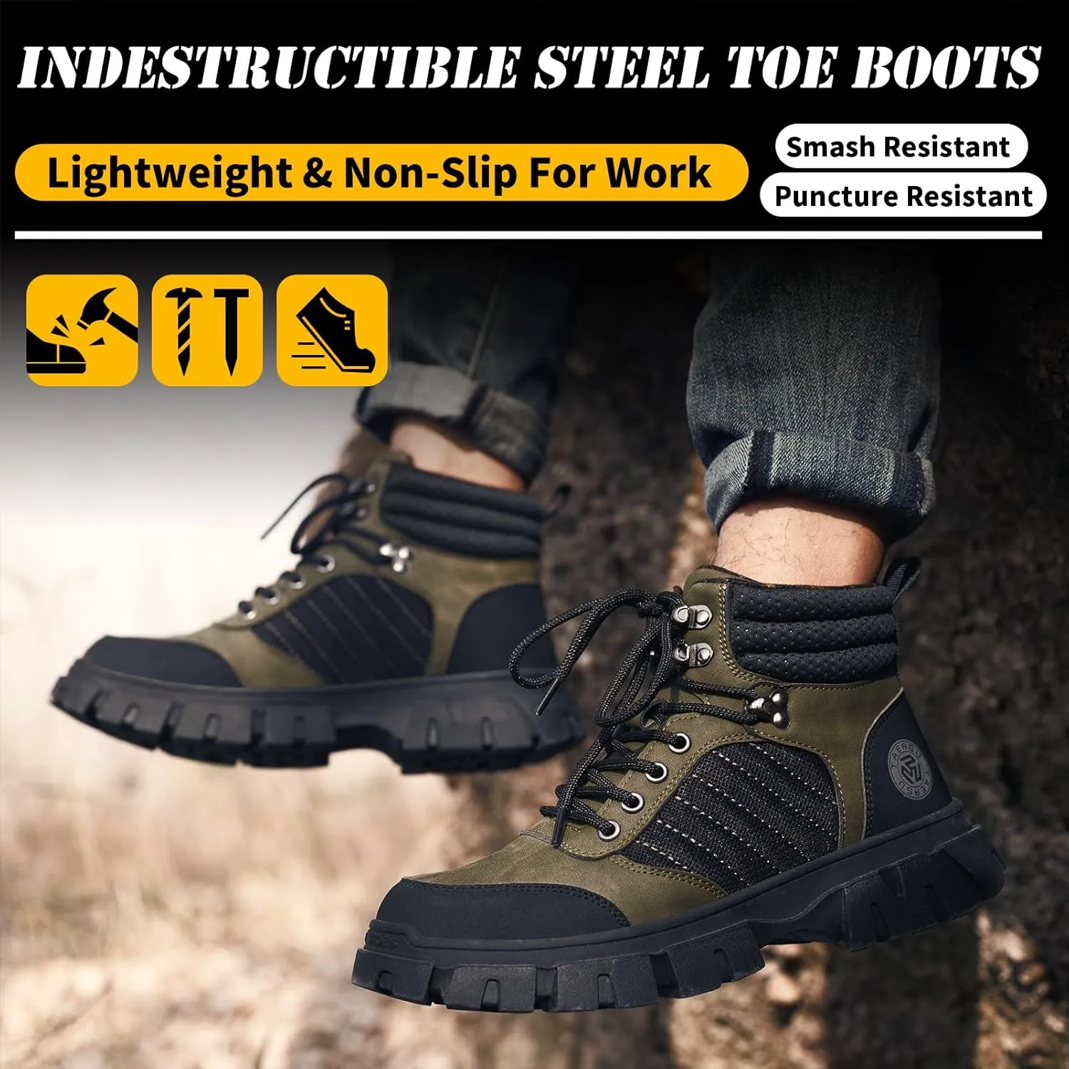 Waterproof Steel Toe Boots For Men-6 Inch Comfortable Mens Safety Work Boots Indestructible Steel Toe Shoes Lightweight Non Slip Puncture Resistant Industrial Construction Boot