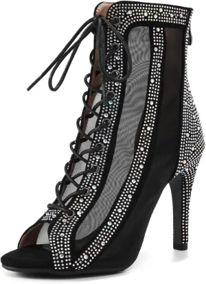 Women Latin Dance Boots Peep Toe Mesh Lace up Dance Boots with Rhinestone Practice Salsa Ballroom Dance Heels
