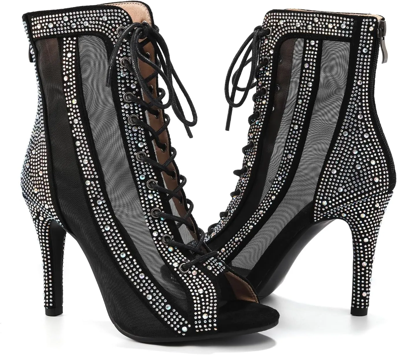 Women Latin Dance Boots Peep Toe Mesh Lace up Dance Boots with Rhinestone Practice Salsa Ballroom Dance Heels