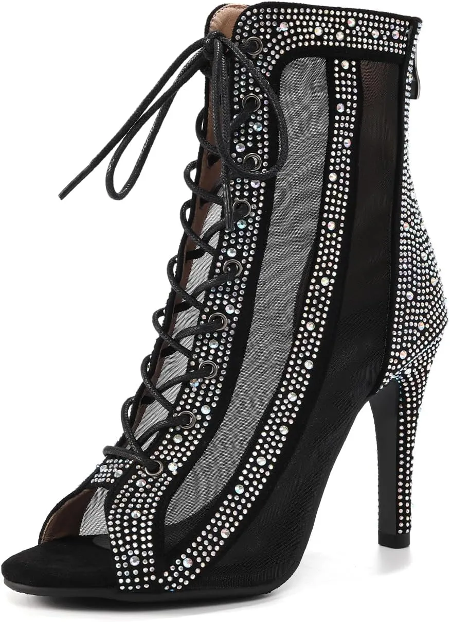 Women Latin Dance Boots Peep Toe Mesh Lace up Dance Boots with Rhinestone Practice Salsa Ballroom Dance Heels