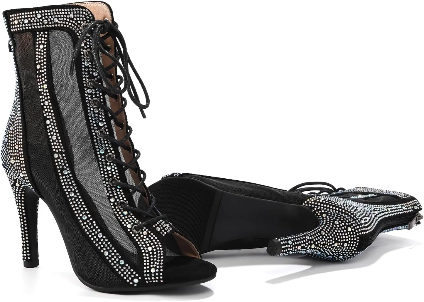 Women Latin Dance Boots Peep Toe Mesh Lace up Dance Boots with Rhinestone Practice Salsa Ballroom Dance Heels