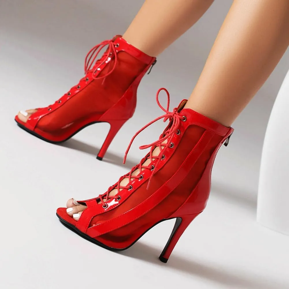 Women's Dance Boots DS118 Peep Toe Lace-up Ankle Dance Booties Latin Ballroom Salsa Heels