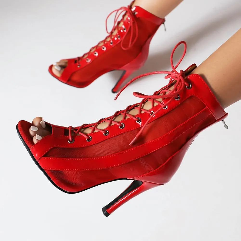 Women's Dance Boots DS118 Peep Toe Lace-up Ankle Dance Booties Latin Ballroom Salsa Heels