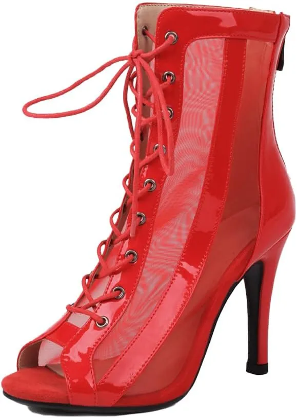 Women's Dance Boots DS118 Peep Toe Lace-up Ankle Dance Booties Latin Ballroom Salsa Heels