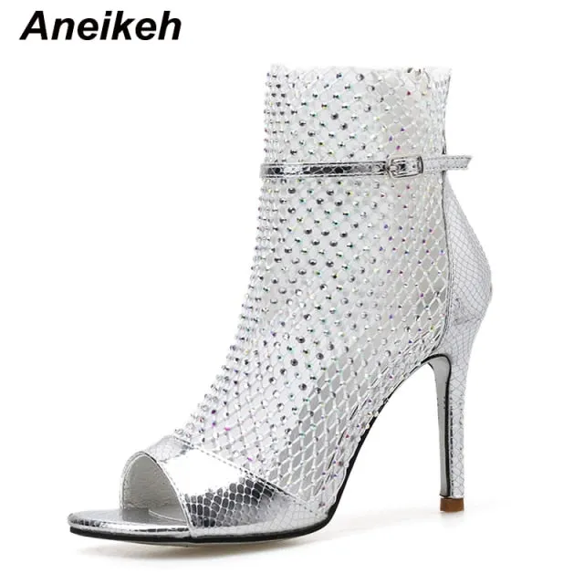 Women's Gold Glitter Rhinestone Mesh Ankle Peep-toe High Heels Booties