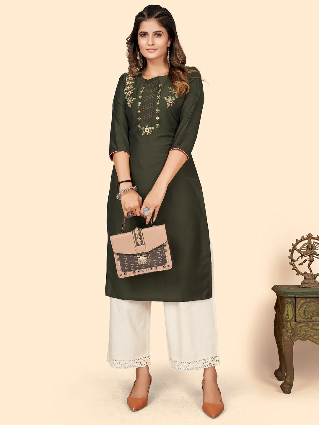 Women'S Hand Work Straight Chinon Sea Green Stitched Kurta