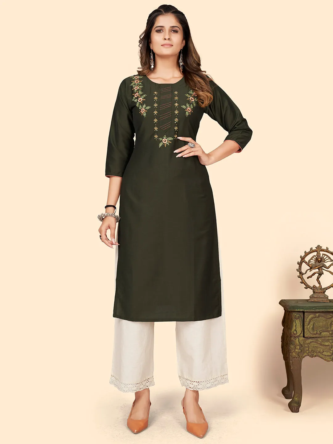Women'S Hand Work Straight Chinon Sea Green Stitched Kurta