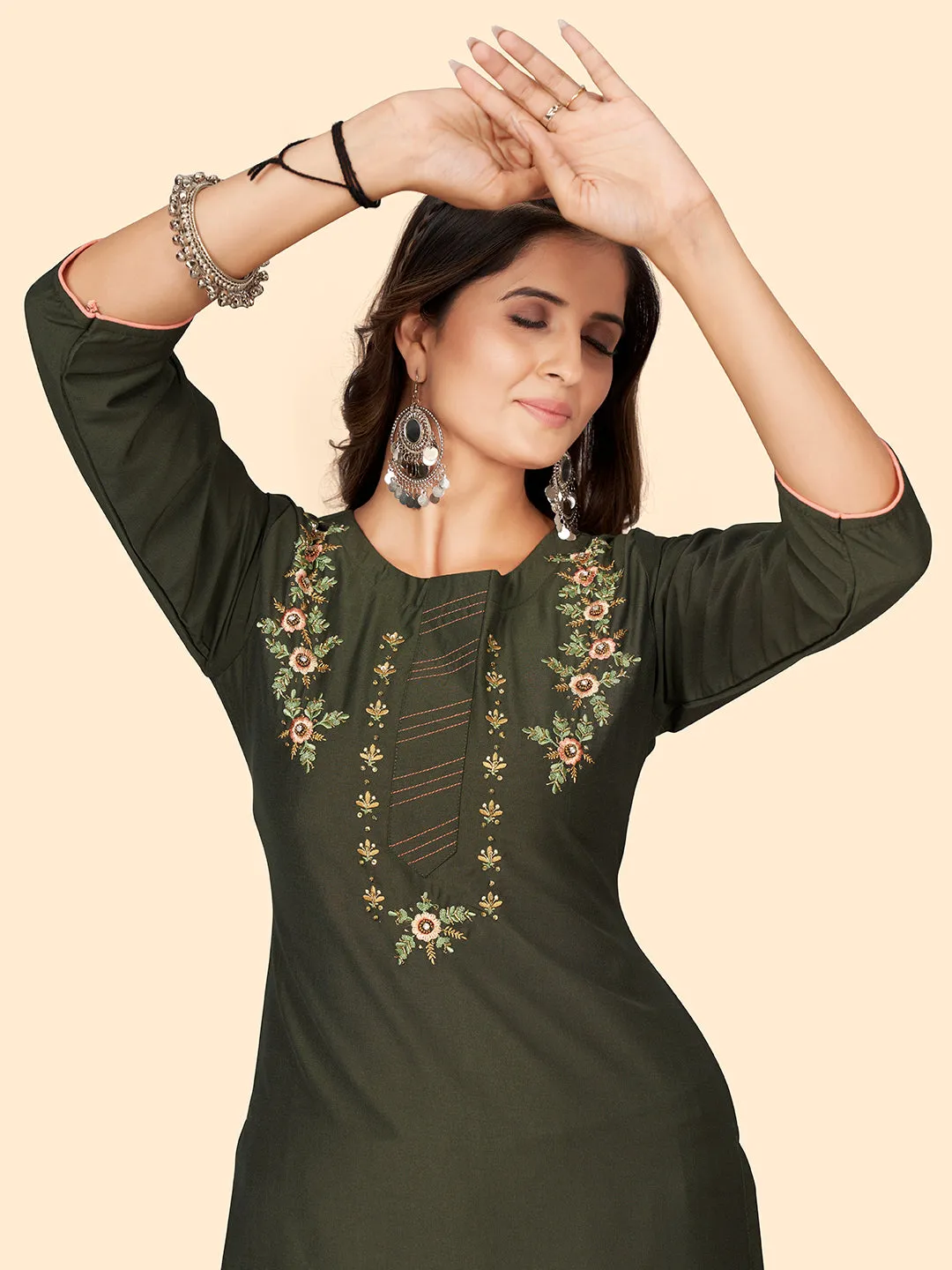 Women'S Hand Work Straight Chinon Sea Green Stitched Kurta