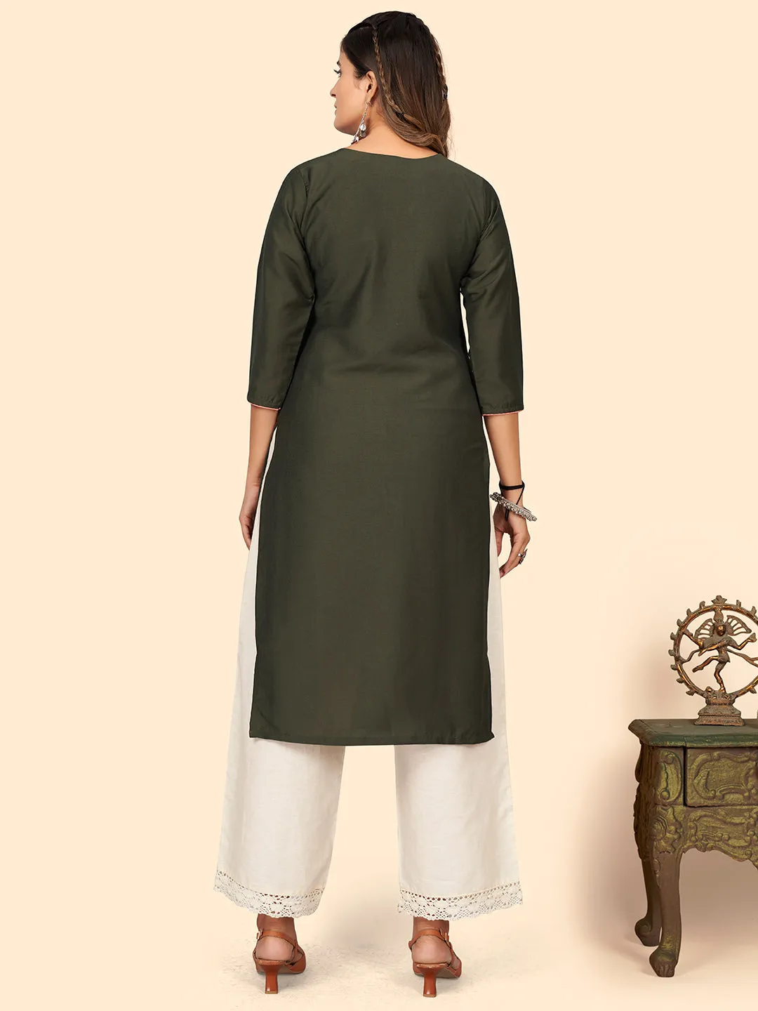 Women'S Hand Work Straight Chinon Sea Green Stitched Kurta