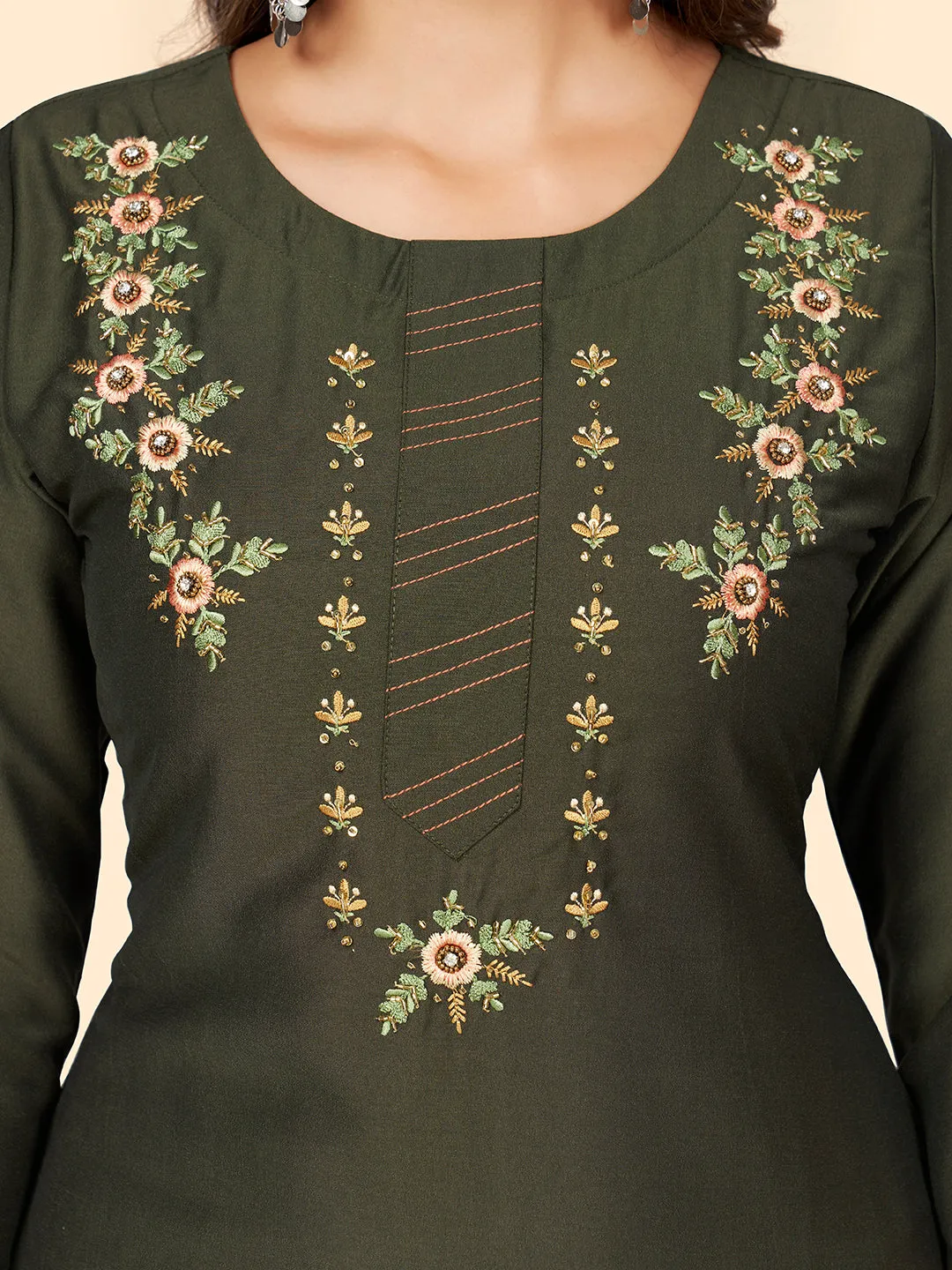Women'S Hand Work Straight Chinon Sea Green Stitched Kurta