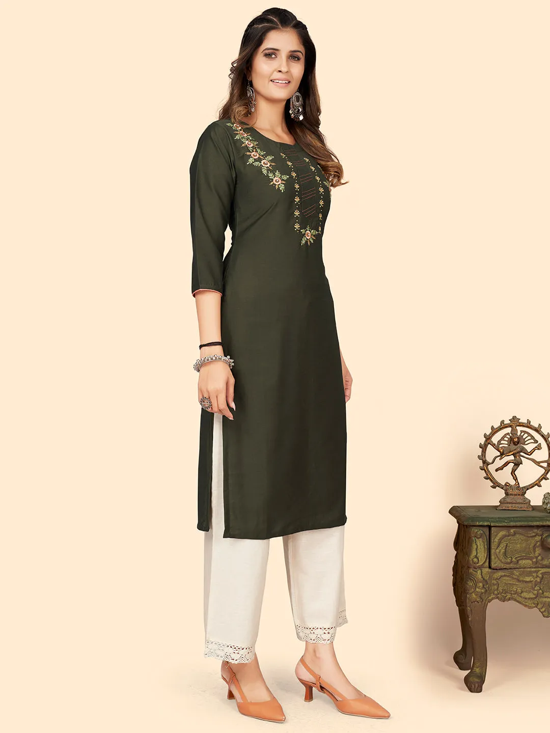 Women'S Hand Work Straight Chinon Sea Green Stitched Kurta