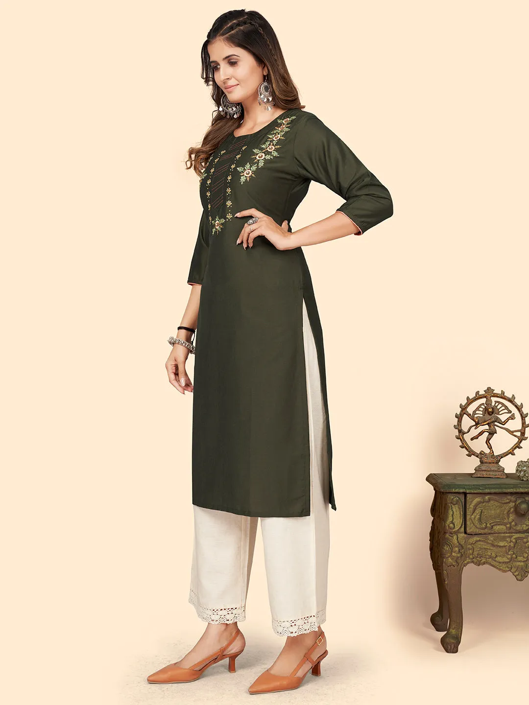 Women'S Hand Work Straight Chinon Sea Green Stitched Kurta
