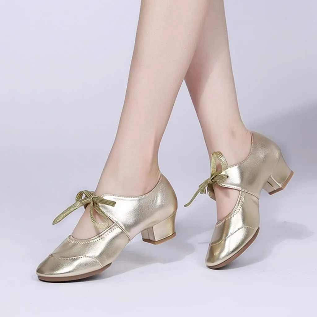 Womens Latin Ballroom Dance Low Heels Prom Wedding Dress Pumps Bow Wedges Shoes Closed Toe Comfortable Pumps