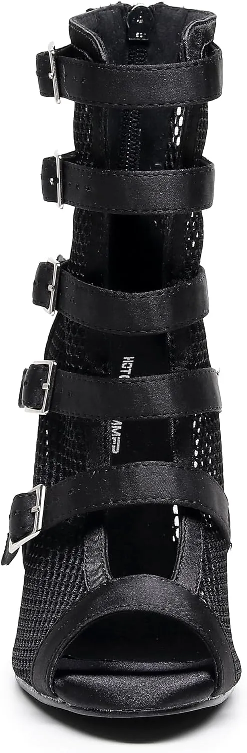 Women's Sexy Stilettos High Heel 3.5" Dance Heels Fashion Mesh Dancing Boots Sexy Lace Up Ankle Peep Toe Dance Booties