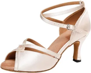 YKXLM Latin Ballroom Dance Shoes for Women Practice Dance Heels Performance Party Dance Shoes Peep-Toe, Beige-8 Heel-5 US