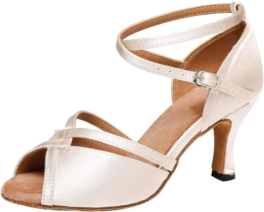 YKXLM Latin Ballroom Dance Shoes for Women Practice Dance Heels Performance Party Dance Shoes Peep-Toe, Beige-8 Heel-5 US
